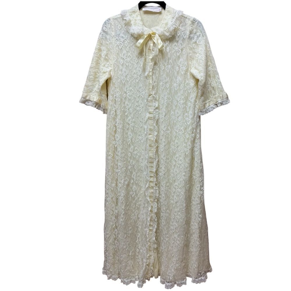 Vintage 50s/60s ODETTE BARSA Lace Dressing Robe Yellow Peignoir Pocket. Sz S/M